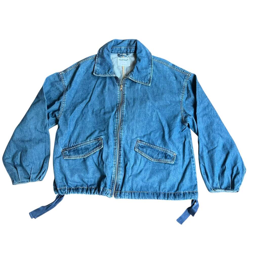 Old Navy Denim Bomber Jacket Women’s M Balloon Sleeve Zip Front Coastal